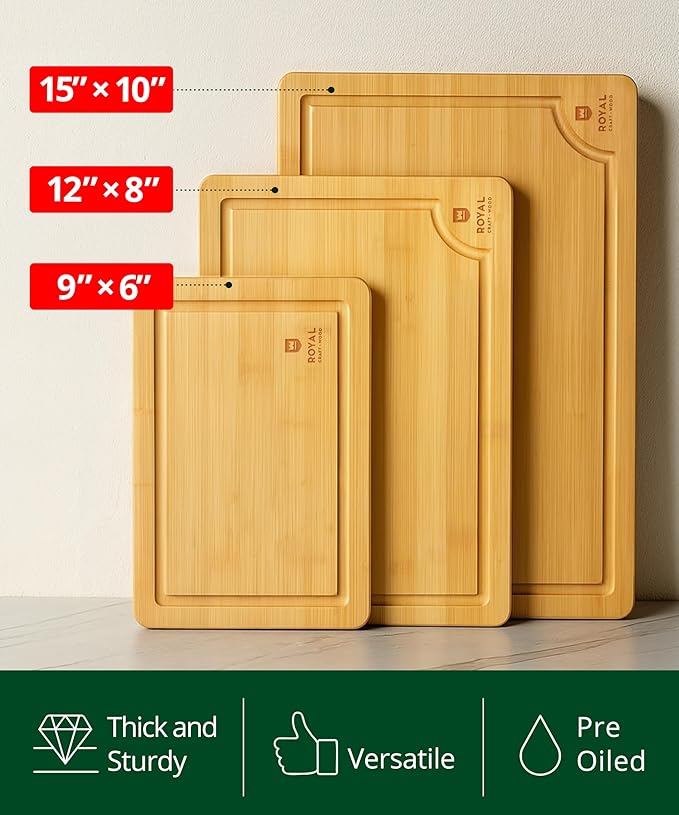 ROYAL CRAFT WOOD Premium Cutting Board Set – Non Toxic Bamboo & Wooden Cutting Boards for Kitchen Meal Prep, Durable Butcher Block for Meat with Side Handles, Deep Juice Groove, Charcuterie & Chopping