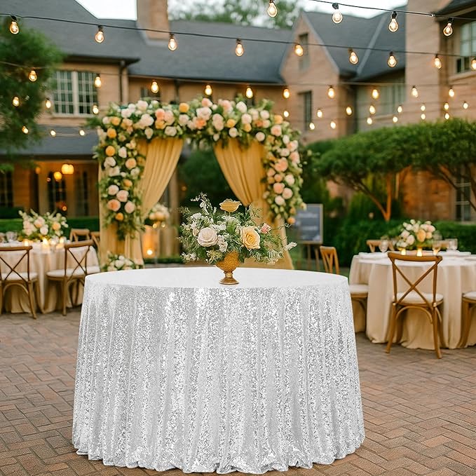 Eternal Beauty Silver Tablecloth, 120 Inch Round Sequin Tablecloth for Party Cake Dessert Table Exhibition Events