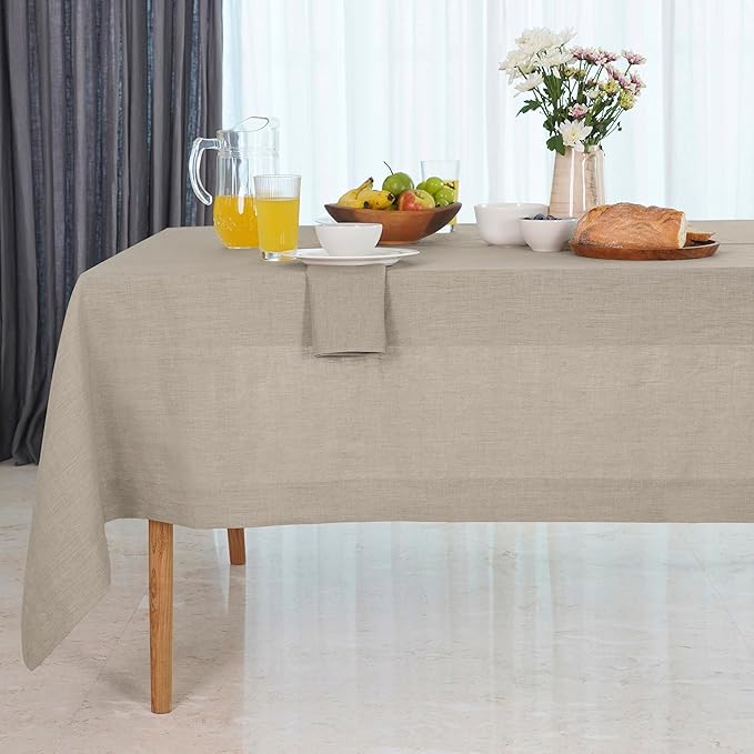 D'Moksha Homes Linen Natural Tablecloth 60 x 132 Inch - 100% Pure Linen Rectangular Tablecloth - Machine Washable Table Cloth for Valentines, Spring, Easter