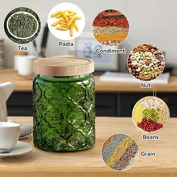 Vintage Glass Jar with Lid, Cookie Candy Jar Coffee Canister Food Storage Containers Set for Kitchen Office (Green Birchapple Flowers - Acacia)