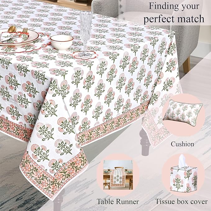 Ridhi Hand Block Print Mughal Buta Peach Rectangle Cotton Tablecloth 102" x 48" Reusable Table Cover Decorative Everyday Use for Dining, Farmhouse, Home Gift for Spring, Easter, Valentine