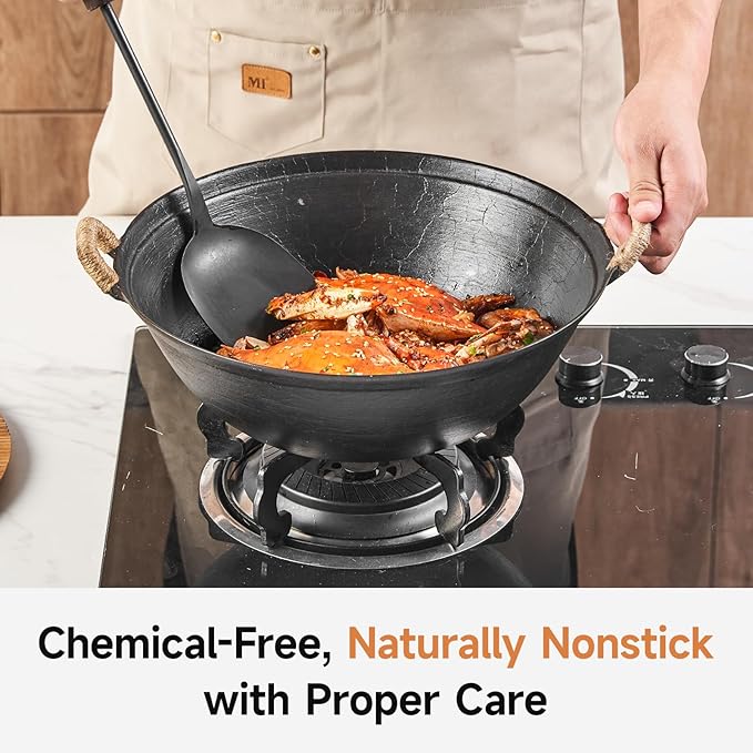 WANGYUANJI 11.8" Round Bottom Cast Iron Wok - Small Traditional Pow Wok for Camping & Open Fire - Gas Stove Compatible (Wok Ring Required) - Uncoated Stir Fry Pan with Cleaning Brush