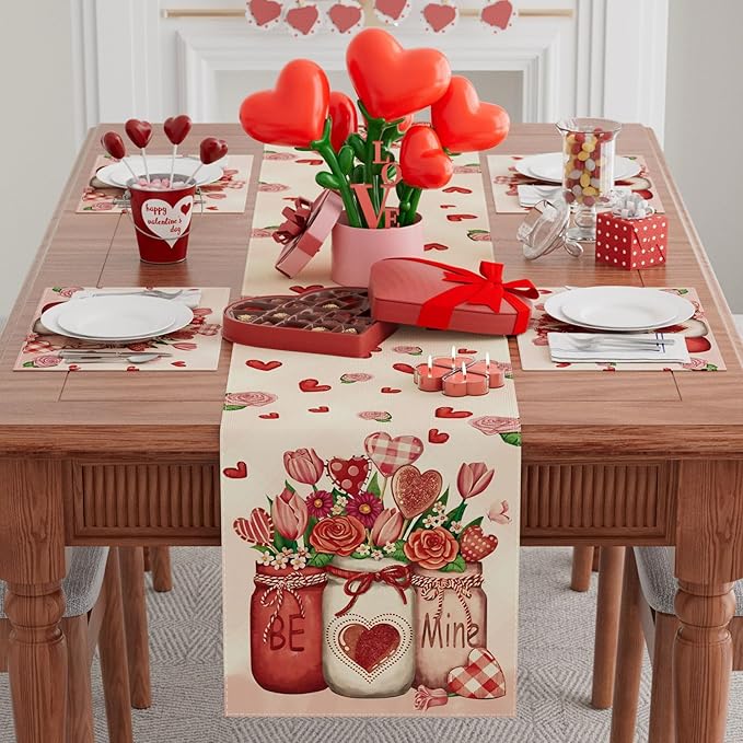 XCHI Roses Flowers Love Hearts Vase Valentine’s Day Table Runner Table Decoration for Party Home Kitchen Dining Dinner Holiday Decor 13x120 Inch