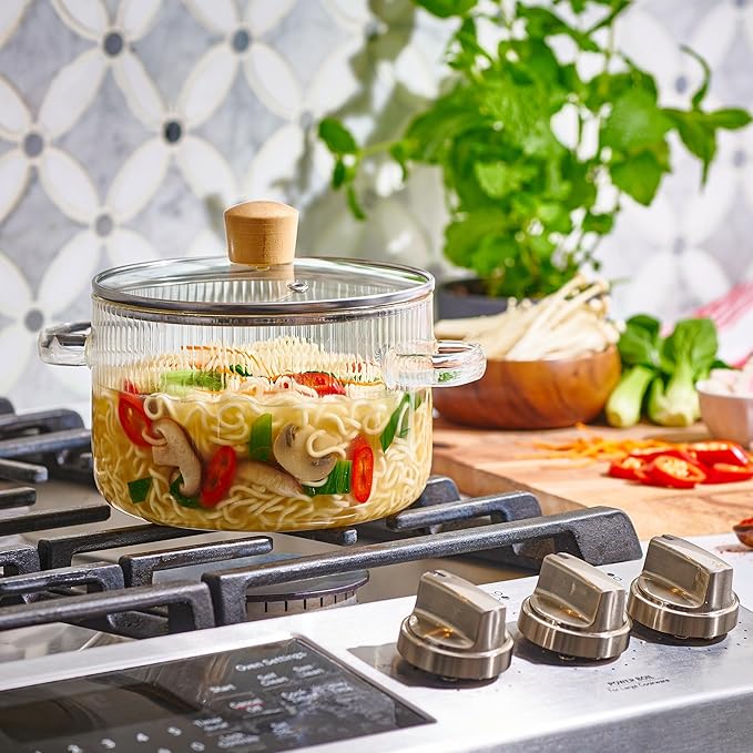 Le'raze Glass Cooking Pot with Lid - 1.6L(54oz) Heat Resistant Borosilicate Glass Cookware Stovetop Pot Set - Simmer Pot with Cover Safe for Soup, Milk, Baby Food Clear