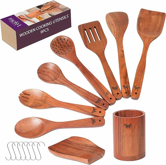 Wooden Kitchen Cooking Utensils Set | 9 Piece Spatula Set with Spoon Rest, Holder & 7 Hooks | Acacia Wood Non Toxic Serving Spoons | Christmas gifts