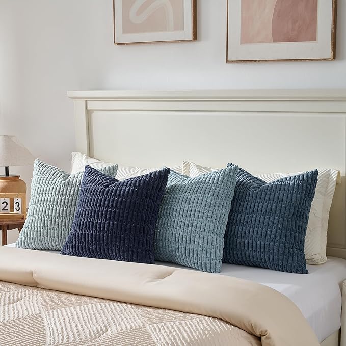Fancy Homi Set of 4 Blue Boho Decorative Throw Pillow Covers 22x22 Inch for Couch Bed Sofa, Aesthetic Modern Bohemian Room Decor, Soft Fuzzy Cozy Corduroy Textured Coastal Blue Cushion Case 55x55cm