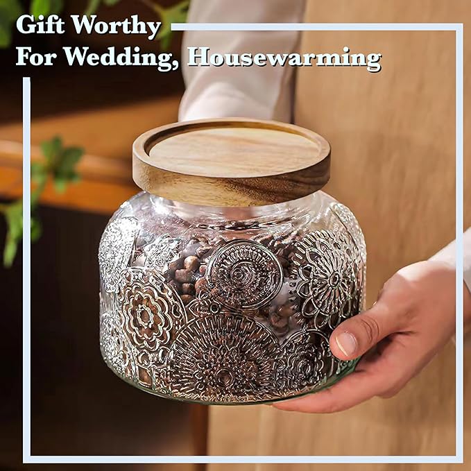 Decorative Glass Jar with Airtight Wooden Lid 40 oz, Flower Embossed Wide Mouth Vintage Kitchen Food Storage Container for Cookie Candy Honey Flour Spice Coffee Tea, Home Decor Sand Candle Holder Vase