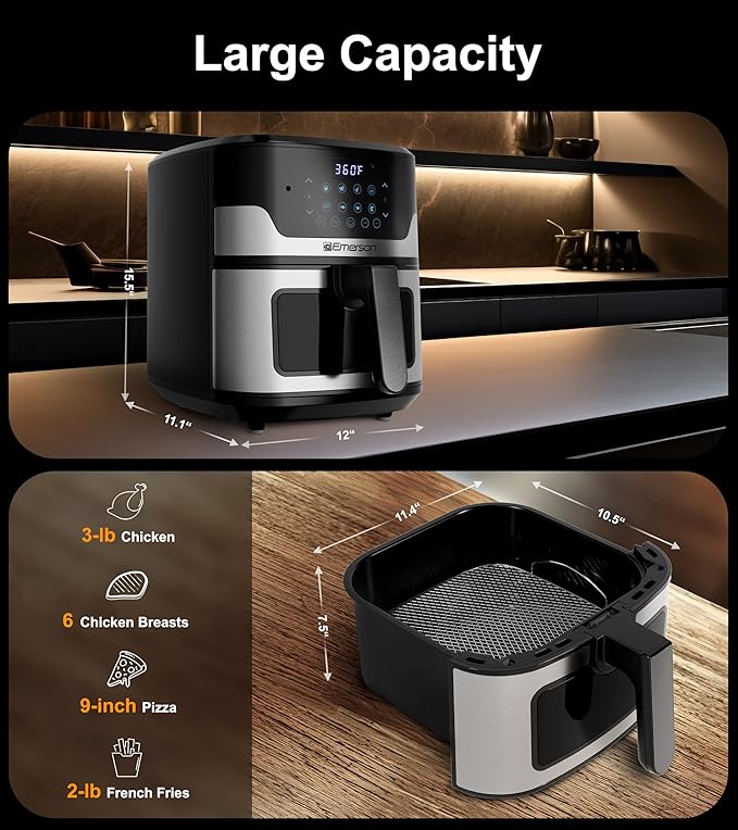 Emerson SmartVoice 5.3QT 6-in-1 Air Fryer, 1000+ Voice Control Commands, 100+ Recognized Food, No APP, No WIFI, No Setup, Nonstick Basket, Air Fry, Bake, Reheat, Dehydrate, 1500W