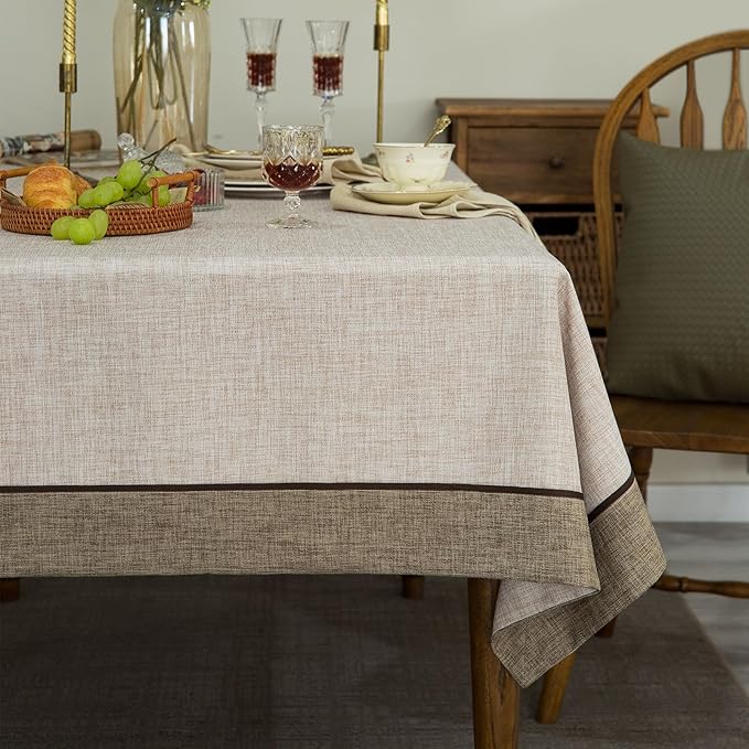 Solid Bordered Retro Tablecloth Classic Textured Linen Style Rustic Washable Rectangle Table Cloth,Kitchen Dinning Tabletop Decoration,Oblong Table Cover Linen 55x70 Inch