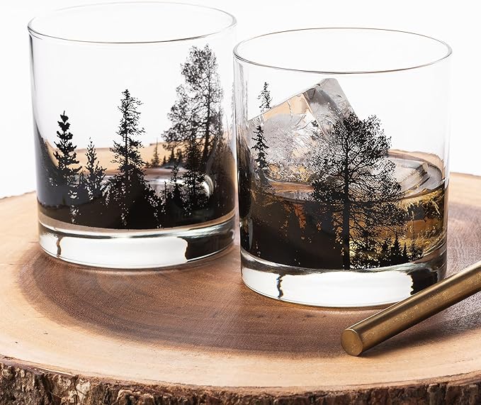 Black Lantern Whiskey Glass Set Forest Landscape Old Fashioned Tumblers for Bourbon, Scotch & Cocktails Nature Inspired 11oz Rocks Glasses for Home Bar & Gifts (Set of 2)