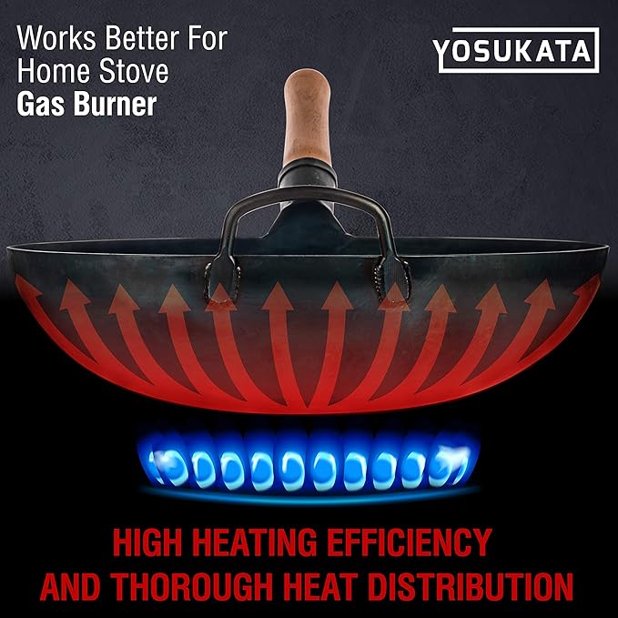 YOSUKATA Blue Round Bottom Wok Pan – 14" + Premium Wok Cover 14 inch Pan Lid + 17" Spatula and Ladle Skimmer Spoon