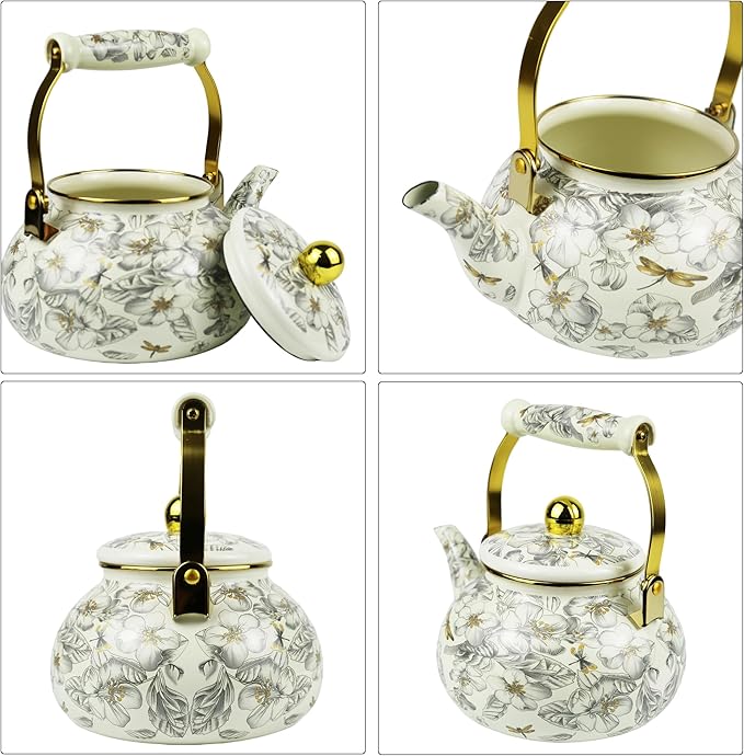 2.5L Vintage Enamel Tea Kettle, Dragonfly Floral Stovetop Teapot with Porcelain Handle, Enamel Kettle for Home/Camping/Tea Party, Ideal Christmas/Housewarming Gift