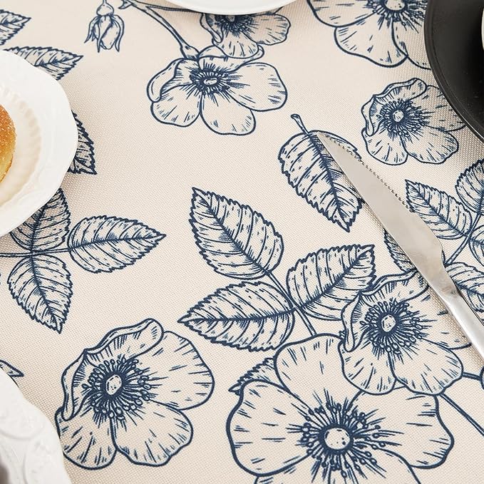French Vintage Floral Tablecloth Rectangle, Heavy Duty Linen Table Cloth with Blue Flowers and Leaves Pattern, Waterproof Table Cover with lace for Dining Party Holiday, 55''x 70''