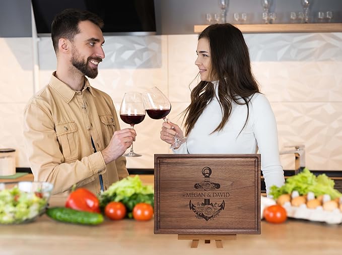 Personalized Cutting Board - Anchor Newlywed Housewarming Gift, Wedding, Engagement Gifts for Couples - Nautical Floral Charcuterie Board, Wood Engraved (Anchor 016)
