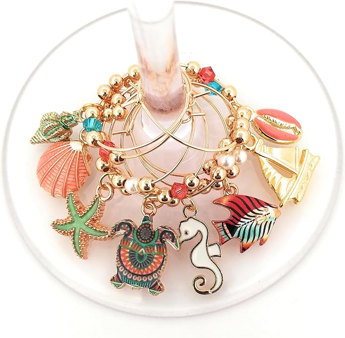Beach Wine Charms, Beach Gifts, Nautical, Memorial Day, Independence Day Glass Tag Identifiers, Seashell, Starfish, Sea Turtle, and Fish, Party Favors and Party Supplies - 8 piece set By Pixie Wine Charms