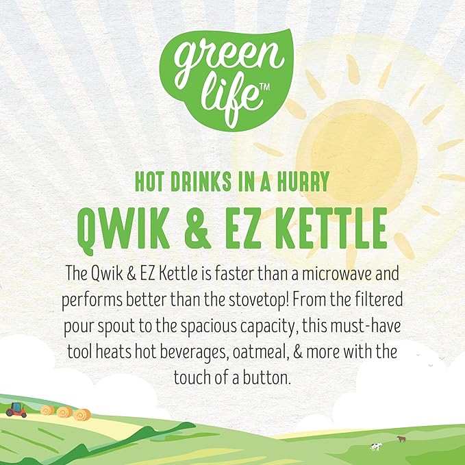 GreenLife 1.7 Liter Glass Electric Kettle, Easy One Touch Use, Quick Heating, Filtered Spout, LED Base, Auto Shut-Off, Cordless Serving, Coffee and Tea, Blue Haze