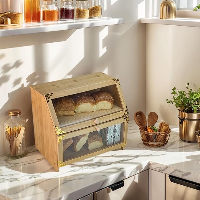 ARTAWEIN Extra Large Bamboo Corner Bread Box for Kitchen Countertop - Double Layer, Airtight Bread Bin and Holder, Natural Bread Storage Container, Ideal Natural Breadbox Keeper for Homemade Breads
