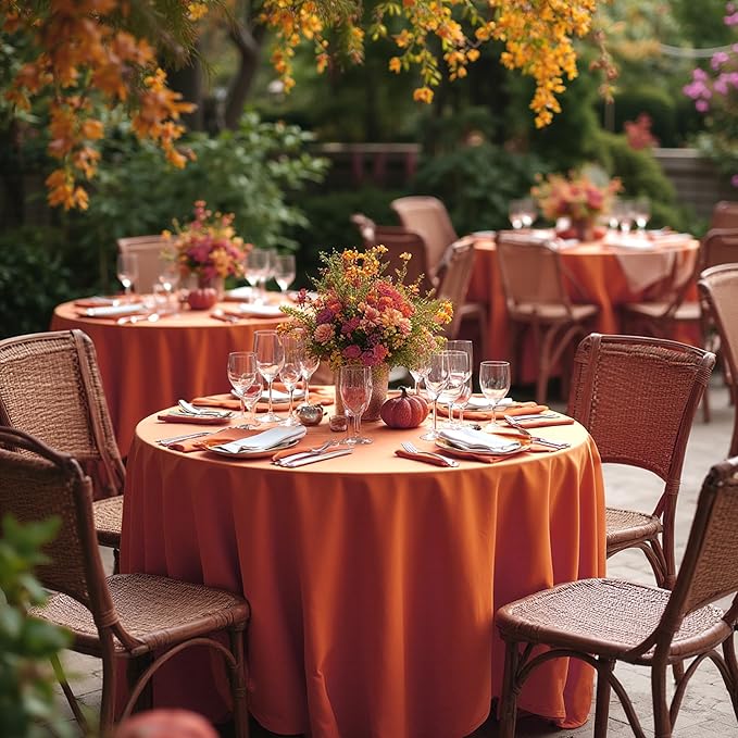 sancua Thanksgiving Round Tablecloth 90 Inch Diameter, 8 Pack Burnt Orange Circle Polyester Fabric Fall Table Cloth for Holiday Party Reception, Washable Table Cover (Fit 30-72 Inch Tables, Rust)