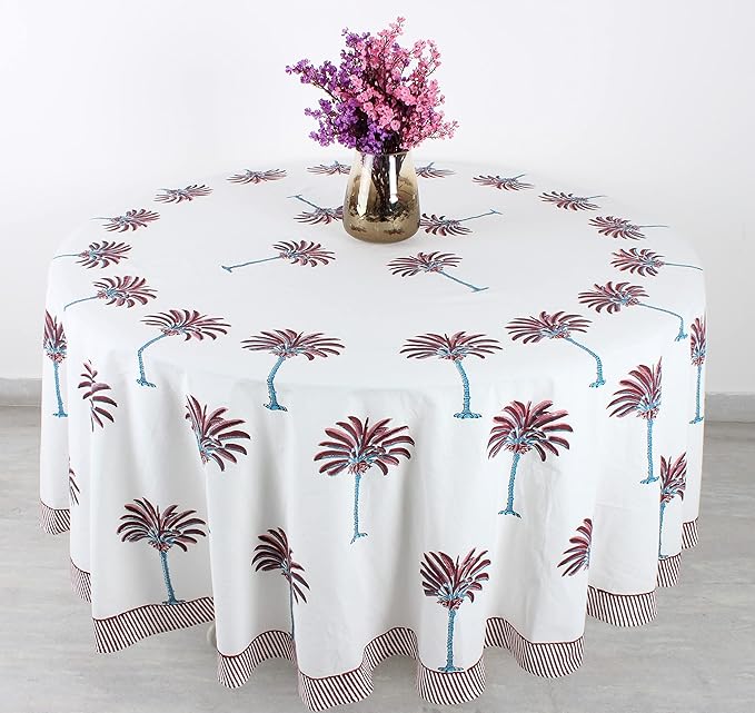 Ridhi Block Print Round Red Palm Reusable Tablecloth 100% Cotton 90" Inch Decorative Table Cover eveyday Dining, Home, Party, Wedding, Farmhouse Gift for Spring, Easter, Valentine