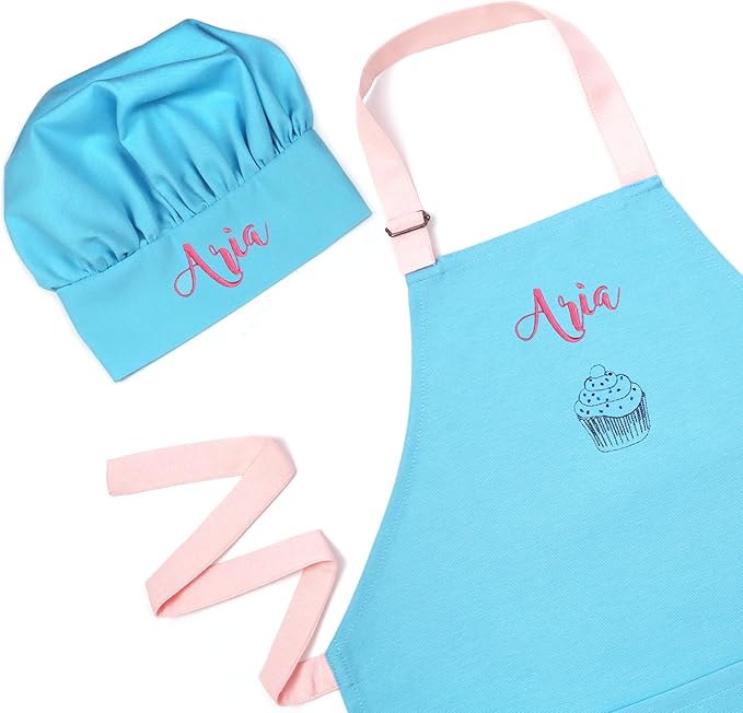 Personalized toddler apron for kitchen, custom cooking apron + chef hat set for kids, boy girl chef costume