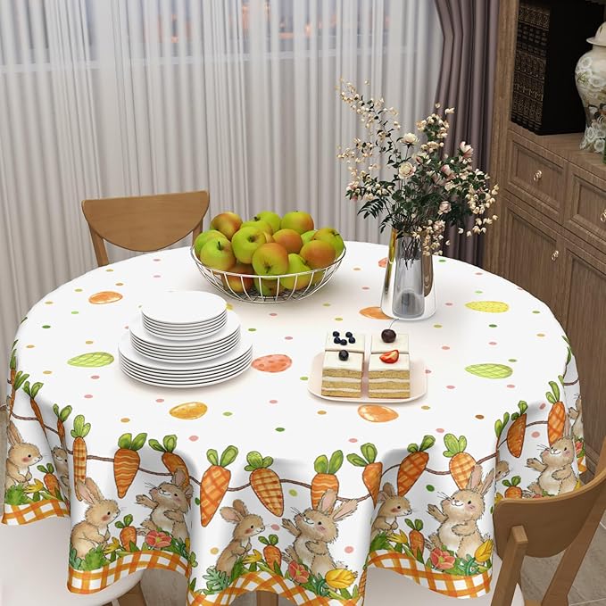 Easter Round Tablecloth 70 Inch Easter Bunny Carrot Egg Orange Buffalo Plaid Circle Table Cloth Seasonal Holiday Rustic Table Cover for Party Kitchen Dinner Home Decor