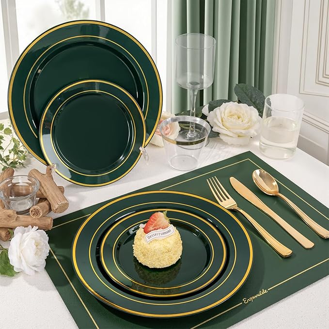 350PCS Green and Gold Plates - Green Plastic Plates 50Guests Plastic Plate with Rolled Napkins for Party/Birthday/St. Patrick's Day