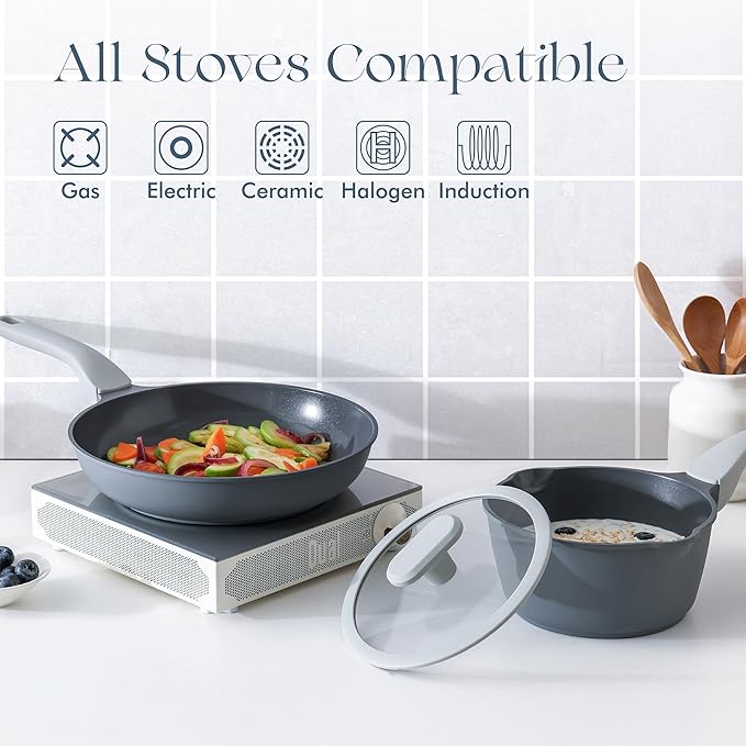 PRICUSIS 8Pcs Ceramic Nonstick Frying Pan Set with Lid, 8+10+12 Inch Induction Compatible Skillet with Stay Cool Handle, Fully Coated, 100% Dishwasher Safe, PFAS & PTFE & PFOA Free (Blueberry Gray
