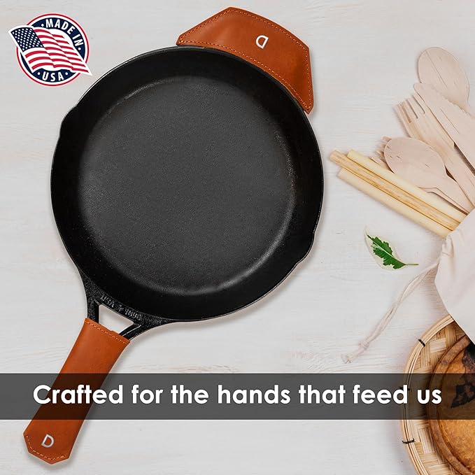 Northwind Personalized Engraved Leather Skillet Handle Cover Set of 2 – Made in USA - Custom Monogrammed Pot Holder Sleeve for Cast Iron Pans, Anniversary, Wedding, Housewarming, and Unique Gift