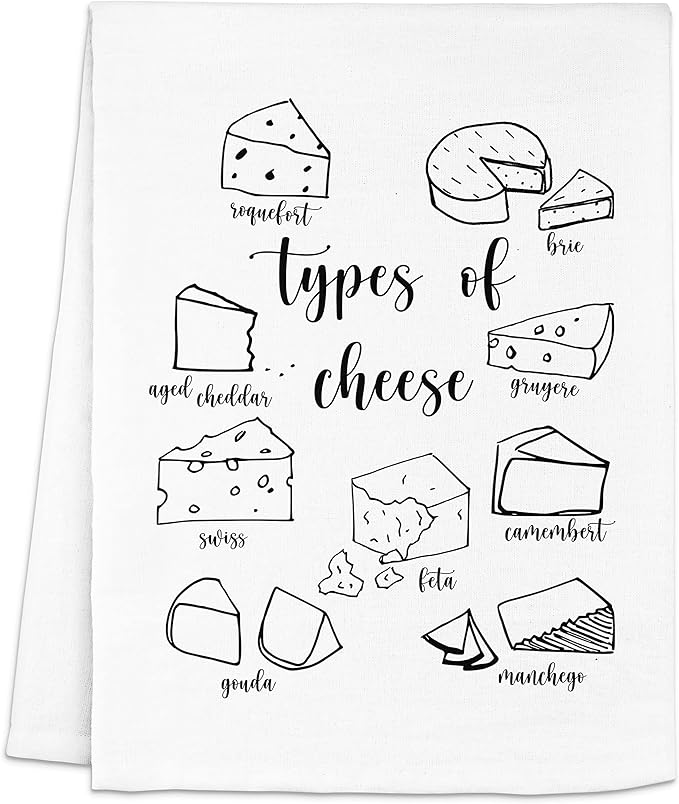 Moonlight Makers Cheese-Themed Funny Kitchen Towels - Decorative Handmade Cotton Dish Towels, Absorbent Tea Cloth, Unique Housewarming Gifts, Home Essentials, 28x28in - Types of Cheese, White, 1-PC