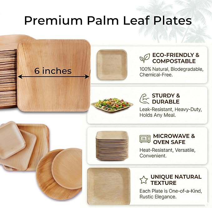 Indie Palm Disposable Palm Leaf Plates – 100 Pack 6 Inch Square – Heavy Duty, 100% Compostable & Biodegradable – Eco-Friendly Alternative to Plastic & Bamboo – Perfect for Parties & Events