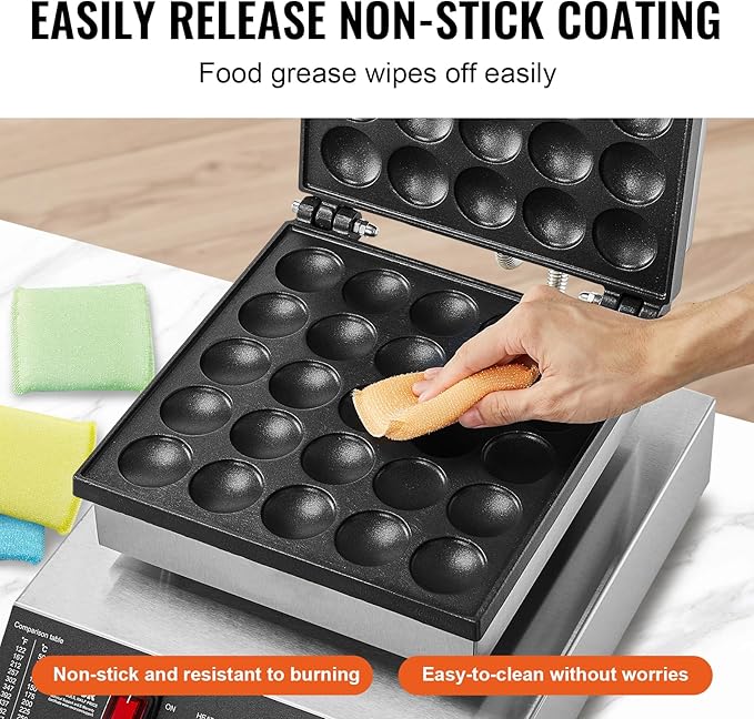 VEVOR Mini Dutch Pancake Maker, 25PCS 43mm Diameter Dorayaki Baker Machine, 1700W Commercial Electric Poffertjes Grill, Non-stick Stainless Steel, Temp & Time Control, for Home Kitchen Restaurant
