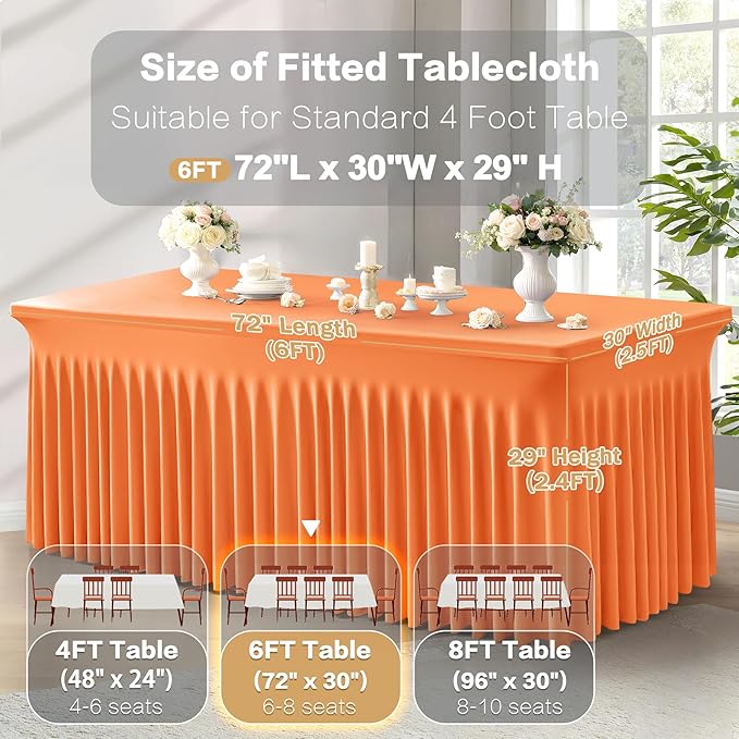 6 Packs Orange Spandex Tableclothes for 6 Foot Rectangle Table, Spandex Table Covers 6FT Stretch Table Skirts Rectangle Wrinkle Free Fitted Tablecover for Event, Wedding, Banquet & Parties