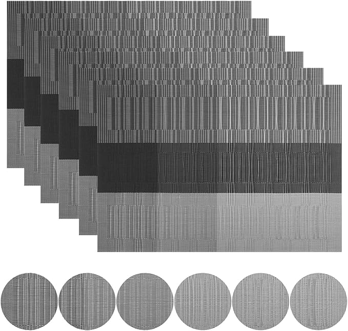 Set of 6 Placemats Black Place Mats Crossweave Woven Non-Slip Washable Table Mats for Table Dining Kitchen and Reataurant(Gray Black)