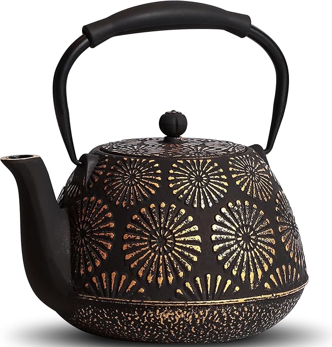 Cast Iron Teapot, 40oz Tea Kettle with Infuser for Stove Top, Sakura Design Japanese Tea Pot for Loose Leaf Coated with Enameled Interior, Silicone Handle 1200ml Black
