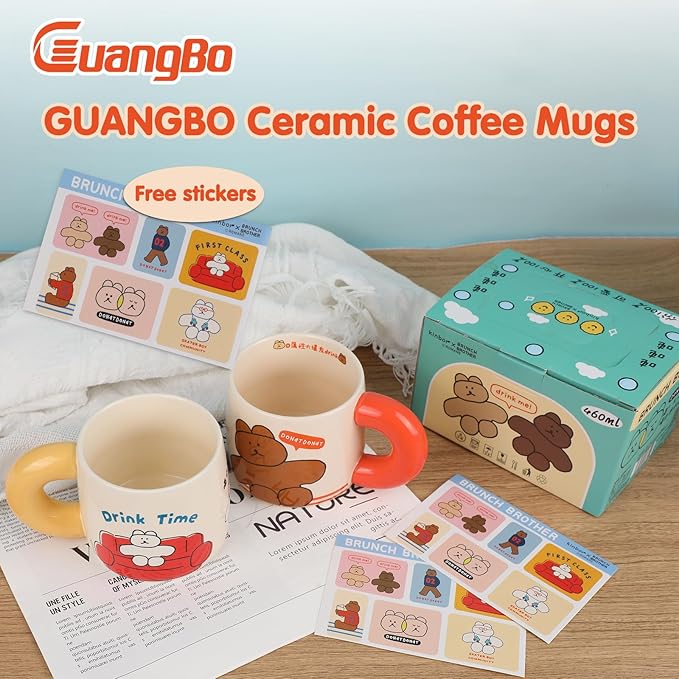 Ceramic Coffee Mugs Set of 2 16 oz (460 ml) Coffee Cups with Handle & Cartoon Stickers- Large & Heartwarming Novelty Big Mug for Women, Men, Great for Hot Coffee or Tea