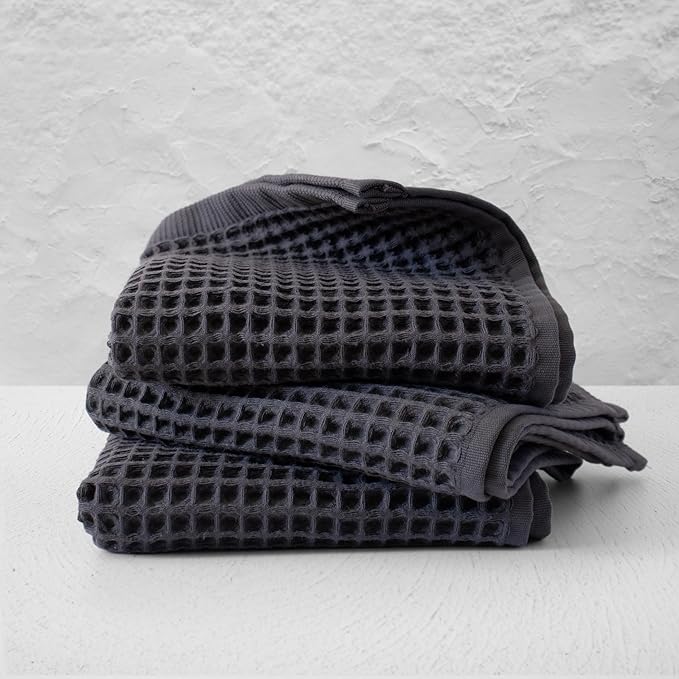 PÜSKÜL Organic Waffle Kitchen Towel 100% Turkish Cotton Set of 3 Dark Gray - Premium Quality, Soft, Quick-Dry, Absorbent, Lint-Free Hand Towels 32X16 Inches (3, Dark Gray)