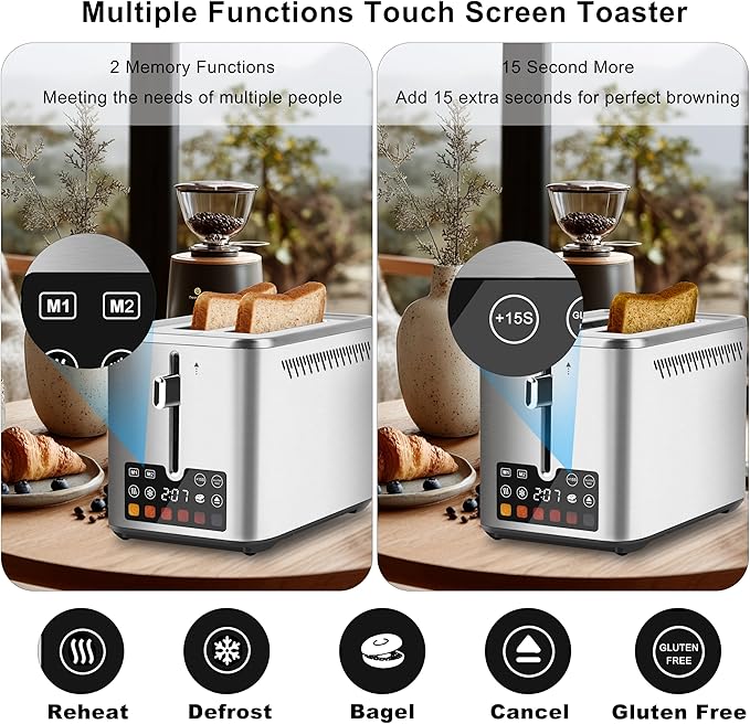 Touch Screen Toaster 2 Slice, Bagel Toaster with LCD Display, Stainless Steel Smart Digital Toasters with +15s Boost,Dual Memory Functions,Toasters with 6 Shade Settings & Extra-Wide Slots,900W