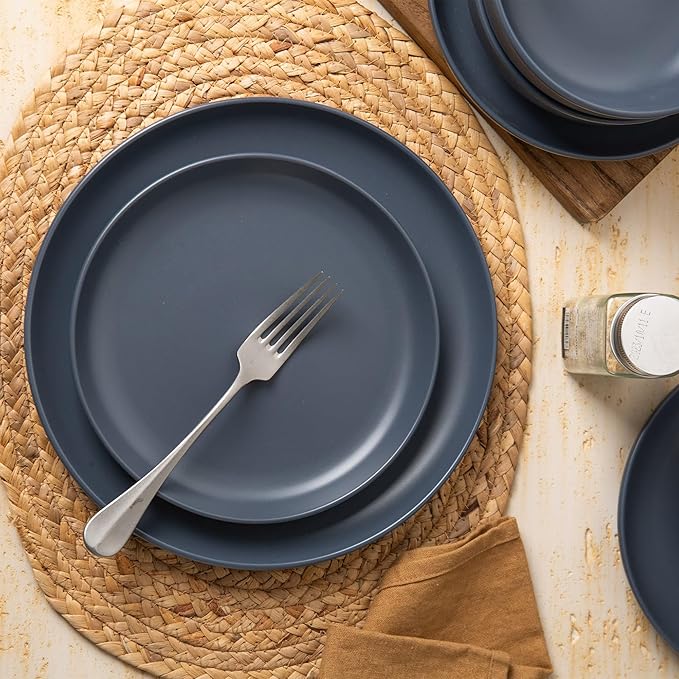 12-Piece Stoneware Dinnerware Set with Mugs | Microwave and Dishwasher Friendly | Stackable Matte Glaze Plates & Bowls | Service for 3 (Blue for 3)