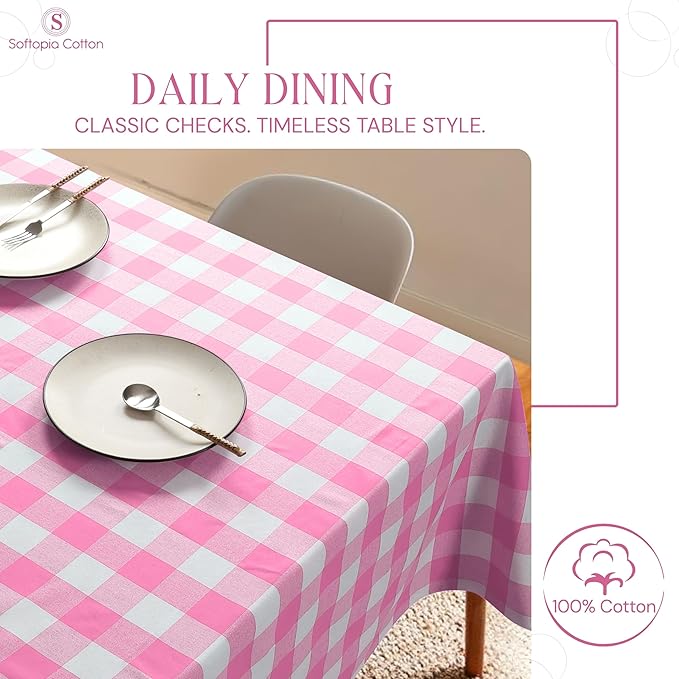 Rose Pink and White Buffalo Check Tablecloth, 60x84 Inches, Plaid Table Cover, 100% Cotton, Washable and Reusable, Perfect for Baby Showers, Birthdays, Weddings and Holiday Gatherings