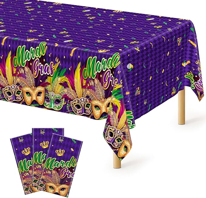3 Pcs Mardi Gras Decorations, 54 X 108 Inches Rectangular Mardi Gras Tablecloth, Plastic Purple Table Cover With Masquerade Mask Design, Fat Tuesday Tablecover For Masquerade Party Picnic Dinner Decor