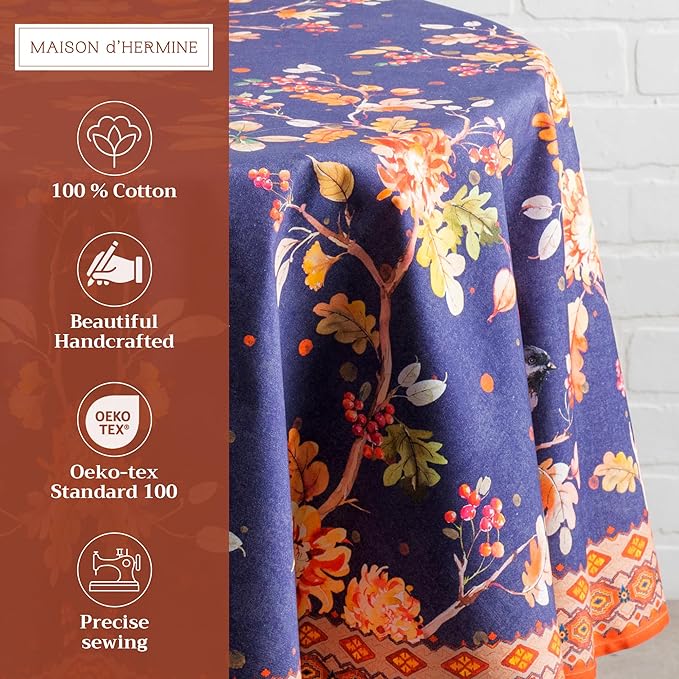 Maison d' Hermine Table Cloth Round Table 100% Cotton 69 Inches Fall Tablecloth Reusable Everyday Use for Thanksgiving Christmas Decorations Dining Farmhouse Party (Kelim - Infinity)
