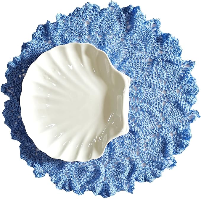 BIBITIME 16 inches to 17.5 inches Lace Placemats Table Doilies Round Handmade Crochet Doily Kitchen Coffee Cup Coasters Mug Mats Dinner Place Mats (1PC, Sky Blue)