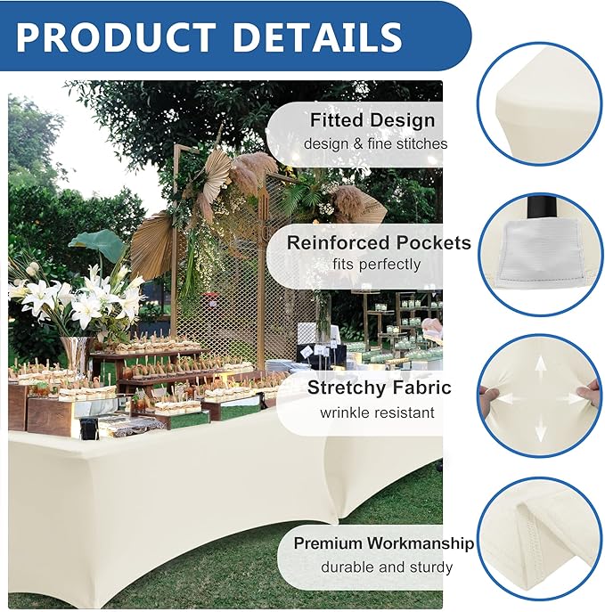 Spandex Table Cloths for 6 Foot Rectangle Tables-8 Pack Fitted Stretch Cream Table Covers-Elastic Folding Tablecloths for Party, Vendor Booth Display, Banquet Buffet Event, Craft Trade Show