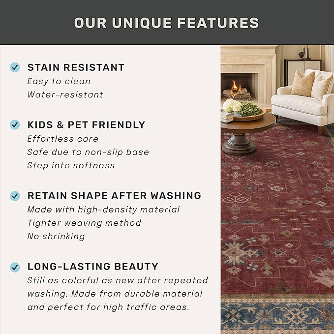 5x8 Boho Dark Red Rug for Living Room - Vintage Oriental Revival Low-Pile Carpet for Bedroom, Dining Table, Machine Washable Area Rug Non-Slip with Rubber Back