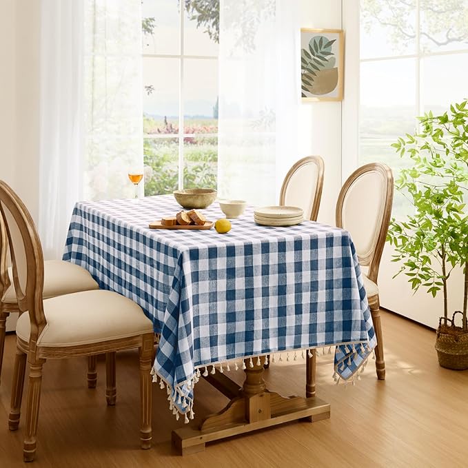 Softalker Checkered Tablecloth Square, Outdoor Linen Cotton Gingham Table Cloth with Tassel, Heavy Duty Wrinkle Free Buffalo Plaid Table Cover for Kitchen Dining Home Party - 55 x 55 Inch, Navy