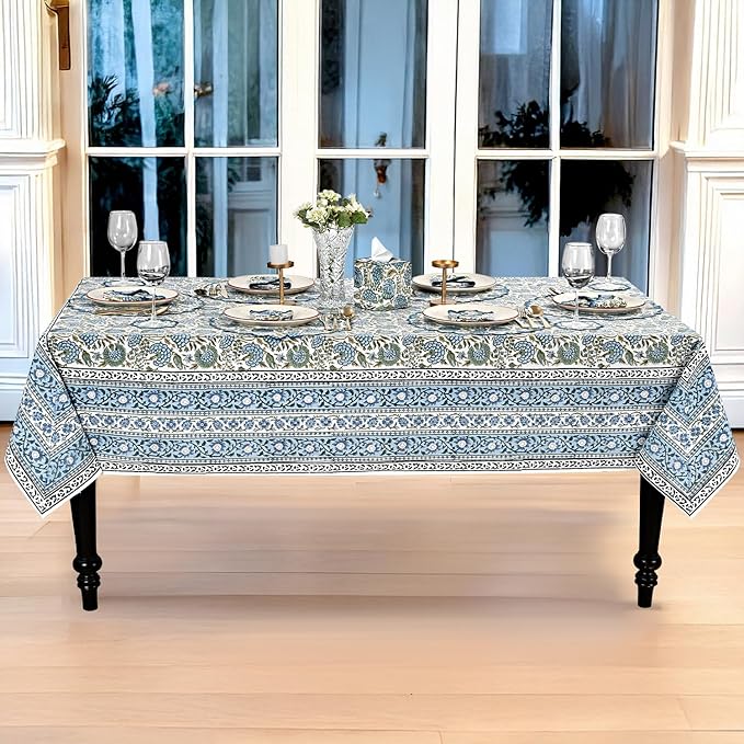 Ridhi Hand Block Print Asparagus Green Rectangle Cotton Tablecloth 108" x 70" Reusable Table Cover Decorative Everyday Use for Dining, Farmhouse, Home Gift for Spring, Easter, Valentine