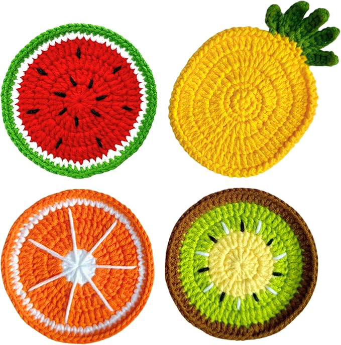 Drink Coasters Set of 4, Cute Crochet Fruit Coaster Gifts for Women, Funny Coffee Table Decor and Housewarming Gift for Home or Office
