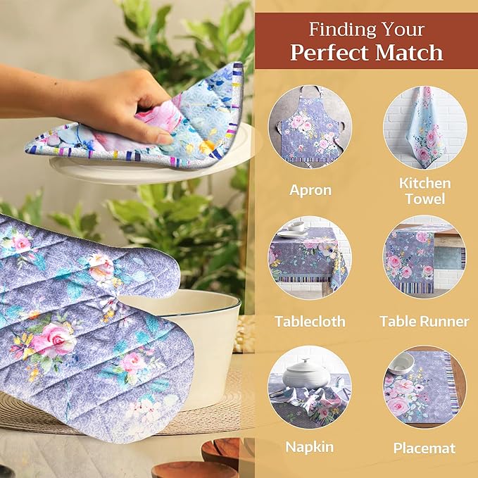 Maison d' Hermine 100% Cotton Oven Mitt & Pot Holder Set (7.5"x13" & 8"x8") Heat Resistant BBQ Cooking Gloves with Loop, Grilling, Kitchen, Handling Hot Pans Spring/Summer (Sweet Rose Lavender - Lush)