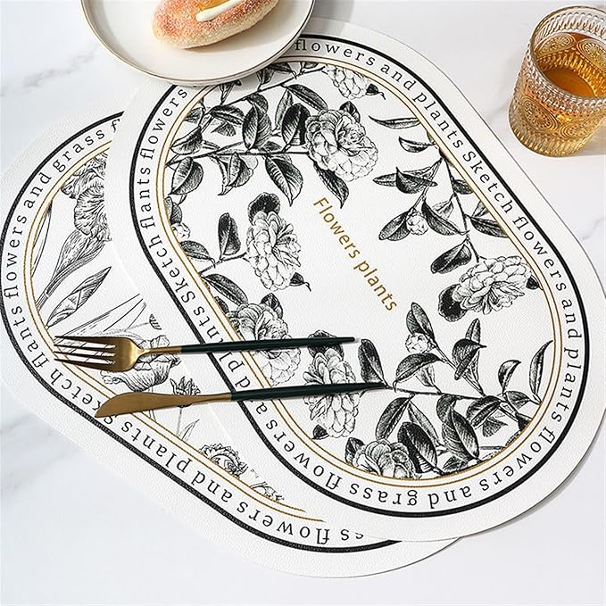 Nordic Leather Placemat Black and White Floral Pattern Waterproof Oilproof Heat Plate Bowl Mat Dinning Table Decor(B)