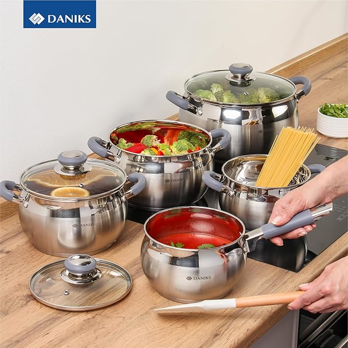 Daniks Modern 4 Quart Stainless Steel Stock Pot with Glass Lid, Tri-Ply Bottom for Even Heating, Induction Compatible, Dishwasher Safe, Heatproof Handles